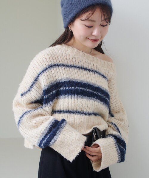 Kastane(カスタネ)の「【お気に入り1万人突破!/2WAY】ボーダーモヘアライクニット(ニット/セーター・レディース・ネイビー/サックスブルー/グリーン・FREE)」の5枚目の写真