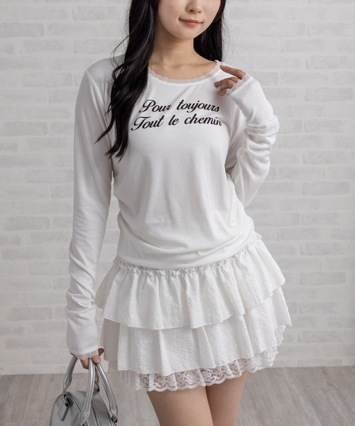 clear（クリア）の「レース付きサイドシャーリングロゴロンT［韓国ファッション カジュアル］≪AW新作≫（Tシャツ/カットソー・レディース・グレー/オフホワイト/ブラック・F）」の7枚目の写真