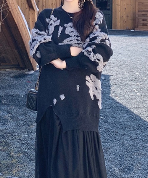 セール】異素材ドッキングボアジャガードニットワンピース（ワンピース