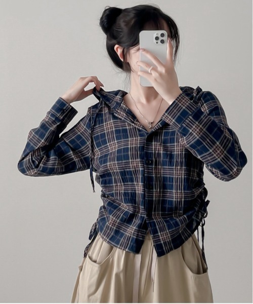 gossip!ロサンゼルス(ゴシップロサンゼルス)の「Y2K ルーズフィットレトロチェックシャツ パーカー シャツ(パーカー・レディース・グリーン/ネイビー/オフホワイト・FREE)」の3枚目の写真