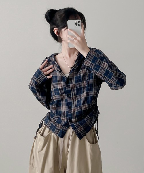 gossip!ロサンゼルス(ゴシップロサンゼルス)の「Y2K ルーズフィットレトロチェックシャツ パーカー シャツ(パーカー・レディース・グリーン/ネイビー/オフホワイト・FREE)」の15枚目の写真