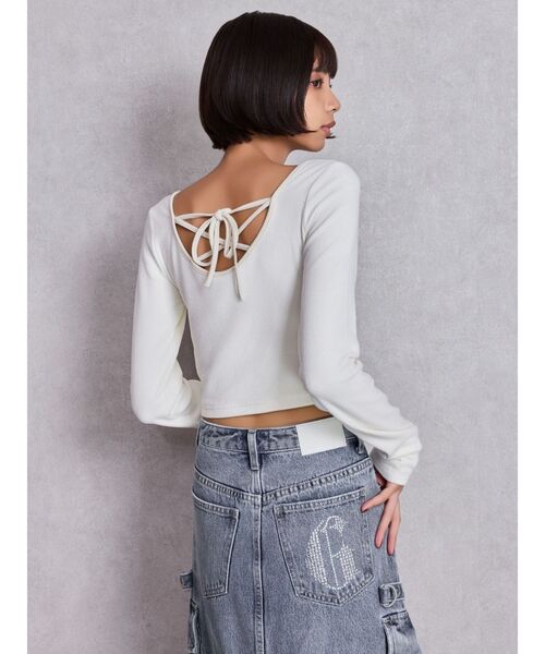 GYDA（ジェイダ）の「2WAYレースアップラメテレコトップス（Tシャツ/カットソー・レディース・ブラック/オフホワイト・FREE）」の8枚目の写真