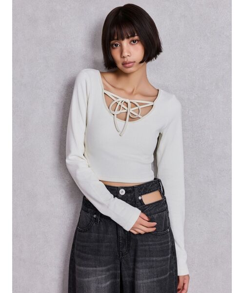 GYDA（ジェイダ）の「2WAYレースアップラメテレコトップス（Tシャツ/カットソー・レディース・ブラック/オフホワイト・FREE）」の11枚目の写真