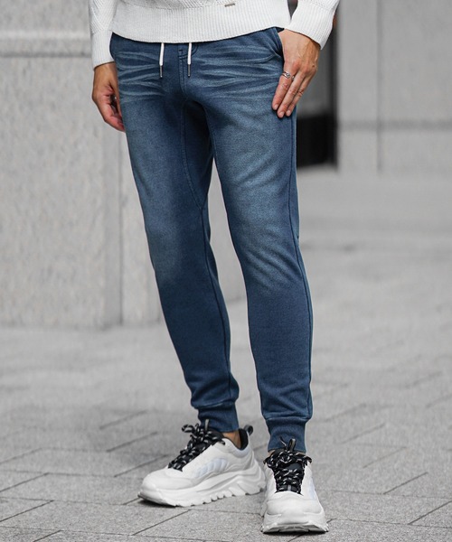 SOMEDIFF（サムディフ）の「【SOMEDIFF】裏ボンディングカットデニムパンツ メンズ スウェットデニム スエット ジョガーパンツ あったか 裏起毛 春服 冬服（スウェットパンツ・メンズ・ブラック/インディゴブルー/ブルー・M/L/XL/XXL）」の10枚目の写真