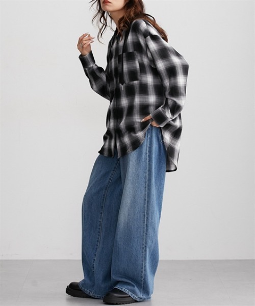 Soiunique（スワユニーク）の「ゆったりサイズフード付きチェックシャツ　［Soiunique］（シャツ/ブラウス・レディース・ブラック/ネイビー・M/L/LL）」の7枚目の写真