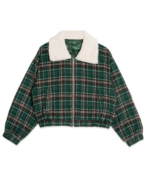 PUNYUS(プニュズ)の「ボア襟チェック柄ブルゾン(ブルゾン・レディース・ブラウン/ブルー/グリーン・1/5/4/3/2)」の1枚目の写真