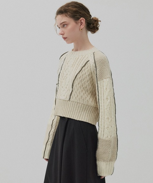 PUBLIC TOKYO(パブリックトウキョウ)の「ケーブルパッチワークニット(ニット/セーター・レディース・アイボリー/カーキ・FREE)」の6枚目の写真