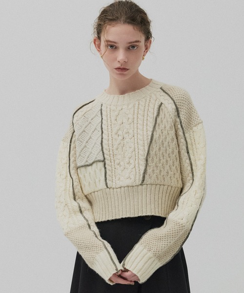 PUBLIC TOKYO(パブリックトウキョウ)の「ケーブルパッチワークニット(ニット/セーター・レディース・アイボリー/カーキ・FREE)」の7枚目の写真