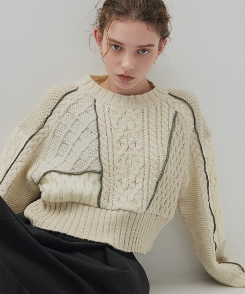 PUBLIC TOKYO(パブリックトウキョウ)の「ケーブルパッチワークニット(ニット/セーター・レディース・アイボリー/カーキ・FREE)」の9枚目の写真