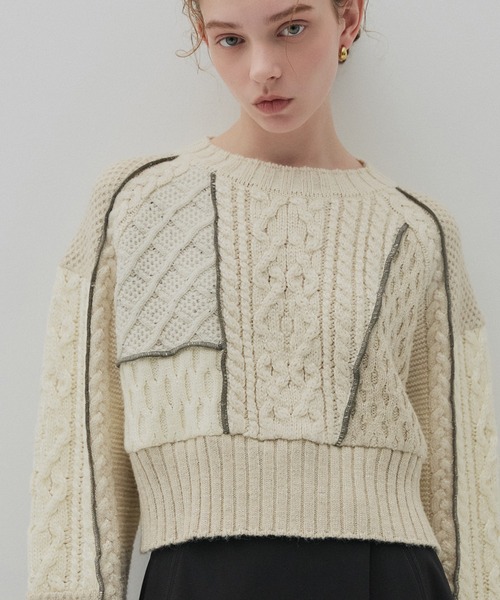 PUBLIC TOKYO(パブリックトウキョウ)の「ケーブルパッチワークニット(ニット/セーター・レディース・アイボリー/カーキ・FREE)」の10枚目の写真