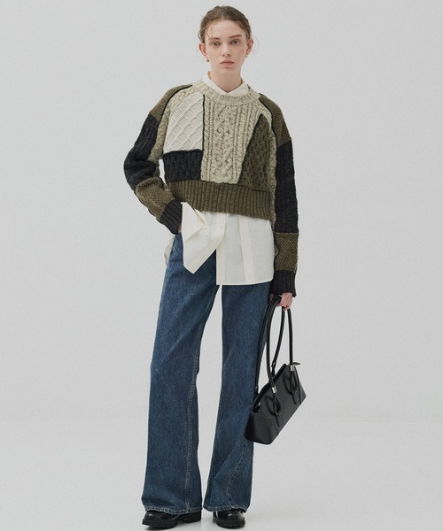 PUBLIC TOKYO(パブリックトウキョウ)の「ケーブルパッチワークニット(ニット/セーター・レディース・アイボリー/カーキ・FREE)」の4枚目の写真