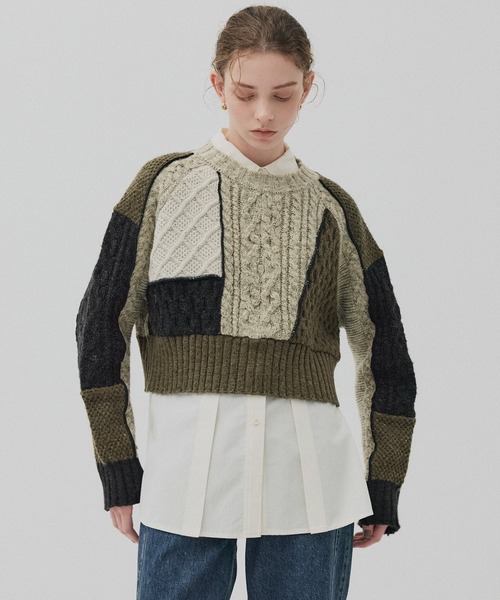 PUBLIC TOKYO(パブリックトウキョウ)の「ケーブルパッチワークニット(ニット/セーター・レディース・アイボリー/カーキ・FREE)」の17枚目の写真