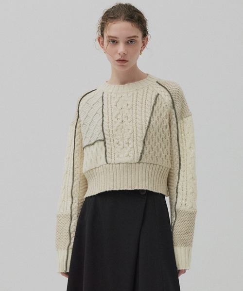 PUBLIC TOKYO(パブリックトウキョウ)の「ケーブルパッチワークニット(ニット/セーター・レディース・アイボリー/カーキ・FREE)」の18枚目の写真