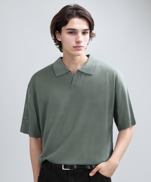 Collar Half Mesh‑Knit (ash green) — рубашка с полумеш воротником (пепельно‑зеленая)