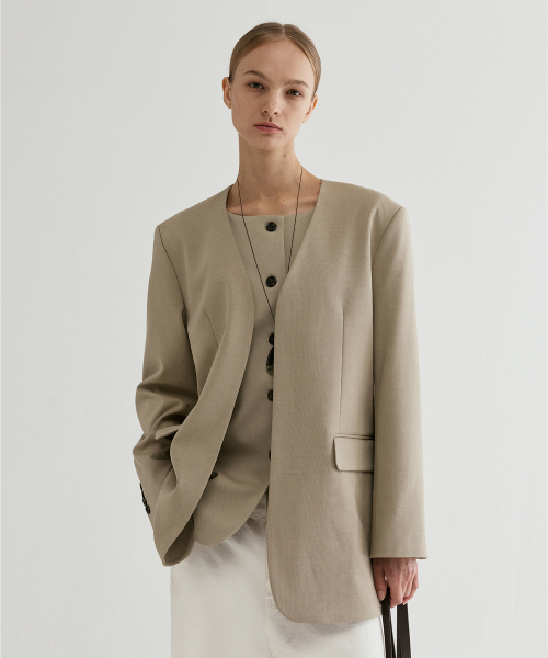 Collarless Tailored Jacket Beige