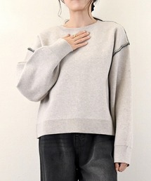 配色ステッチニットバックロゴ刺繍プルオーバー
