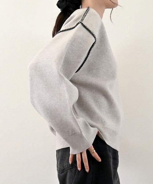 STYLEBLOCK（スタイルブロック）の「配色ステッチニットバックロゴ刺繍プルオーバー（ニット/セーター・レディース・ライトグレー/ブラウン/グレー・M）」の5枚目の写真