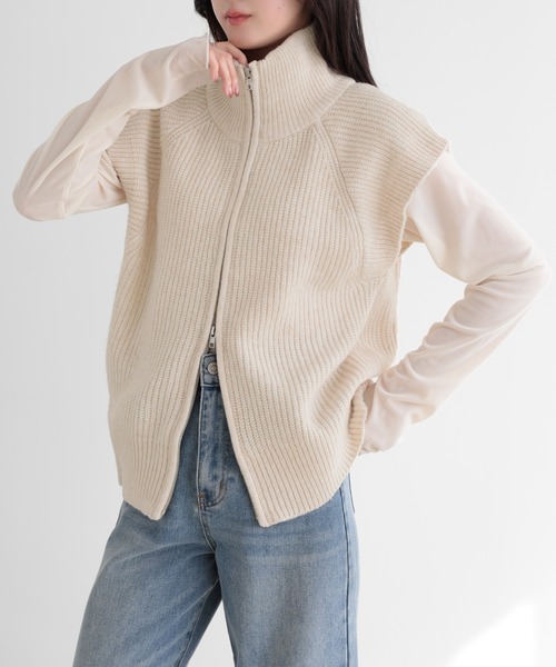 SUNFLOWER EIGHT(サンフラワーエイト)の「ダブルジップハイネックニットベスト(ニット/セーター・レディース・ブラック/杢グレー/オートミール・M)」の6枚目の写真