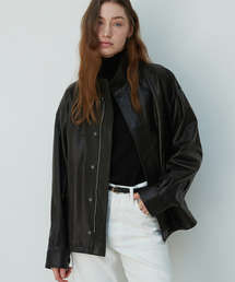 VERDEMAR（ベルデマール）の「イタリアンベジタブルラムスキンハイネックオーバーサイズジャンパー_ブラック（ライダースジャケット）」