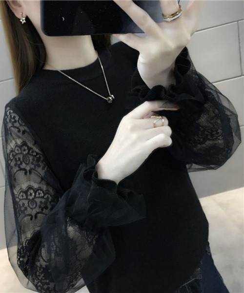 Ritzy(リッツィー)の「パフスリーブ シアーレース切り替えクルーネックセーター(ニット/セーター・レディース・ブラック/グレー/オフホワイト/ベージュ・FREE)」の2枚目の写真