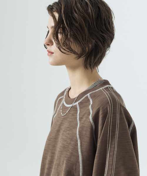 SLICK（スリック）の「【SLICK/スリック】Long Slub Curve Seam Pullover/スラブ天竺配色ステッチクルーネックプルオーバー（Tシャツ/カットソー・メンズ・ブラック/ブラウン・1/2/3）」の2枚目の写真