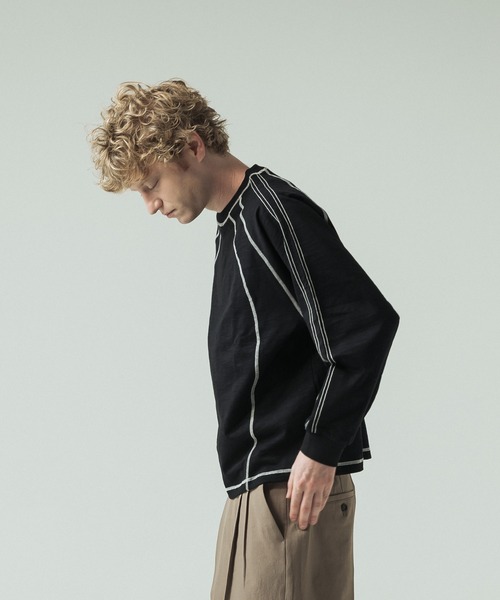 SLICK（スリック）の「【SLICK/スリック】Long Slub Curve Seam Pullover/スラブ天竺配色ステッチクルーネックプルオーバー（Tシャツ/カットソー・メンズ・ブラック/ブラウン・1/2/3）」の8枚目の写真