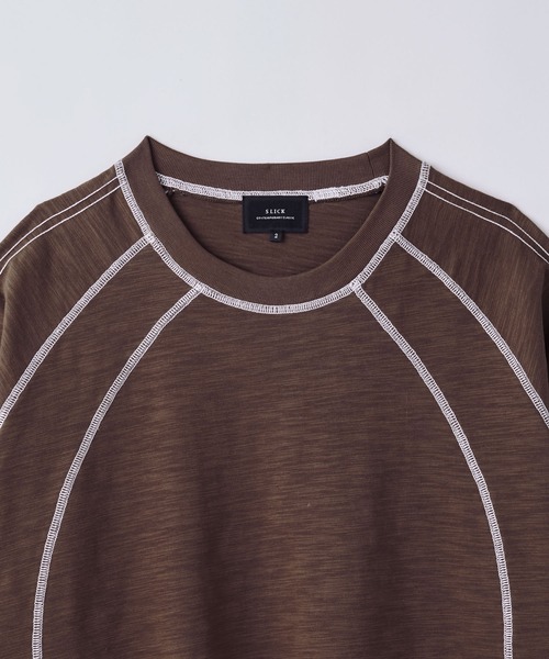 SLICK（スリック）の「【SLICK/スリック】Long Slub Curve Seam Pullover/スラブ天竺配色ステッチクルーネックプルオーバー（Tシャツ/カットソー・メンズ・ブラック/ブラウン・1/2/3）」の4枚目の写真