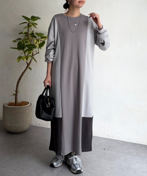 Chez toi（シェトワ）の「ダンボールニット配色切替ワンピース（ワンピース・レディース・グレー/カーキ・FREE）」の3枚目の写真