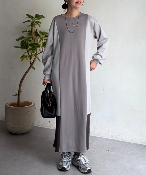 Chez toi（シェトワ）の「ダンボールニット配色切替ワンピース（ワンピース・レディース・グレー/カーキ・FREE）」の4枚目の写真