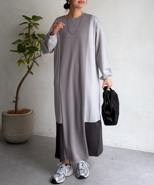 Chez toi（シェトワ）の「ダンボールニット配色切替ワンピース（ワンピース・レディース・グレー/カーキ・FREE）」の5枚目の写真