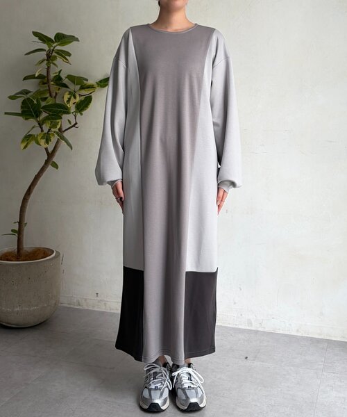 Chez toi（シェトワ）の「ダンボールニット配色切替ワンピース（ワンピース・レディース・グレー/カーキ・FREE）」の8枚目の写真
