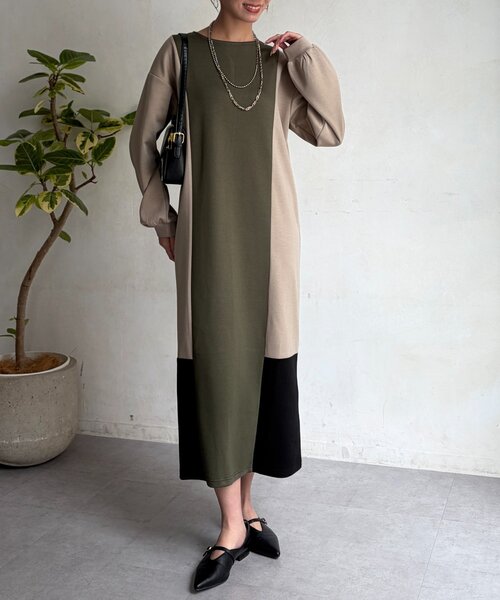 Chez toi（シェトワ）の「ダンボールニット配色切替ワンピース（ワンピース・レディース・グレー/カーキ・FREE）」の15枚目の写真