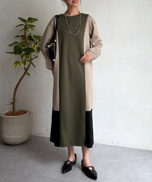 Chez toi（シェトワ）の「ダンボールニット配色切替ワンピース（ワンピース・レディース・グレー/カーキ・FREE）」の16枚目の写真