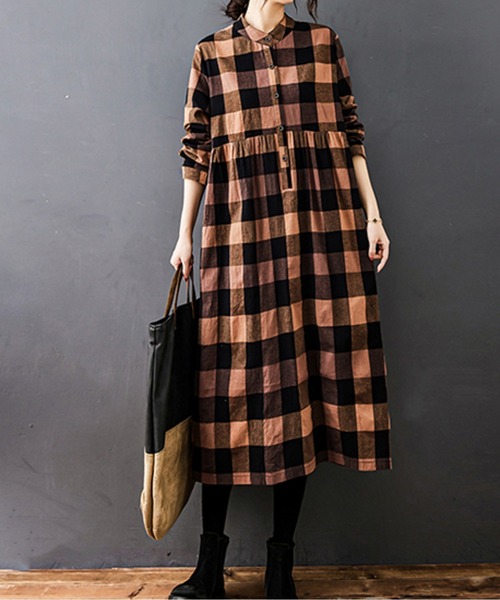 LUCPY(ラクピー)の「クラシックチェック ギャザーワンピース(ワンピース・レディース・オレンジ/レッド/グリーン・XX-LARGE/X-LARGE/LARGE/MEDIUM)」の1枚目の写真