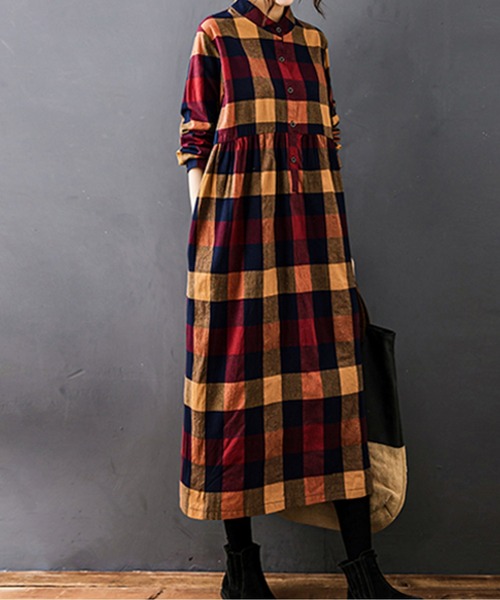 LUCPY(ラクピー)の「クラシックチェック ギャザーワンピース(ワンピース・レディース・オレンジ/レッド/グリーン・XX-LARGE/X-LARGE/LARGE/MEDIUM)」の4枚目の写真