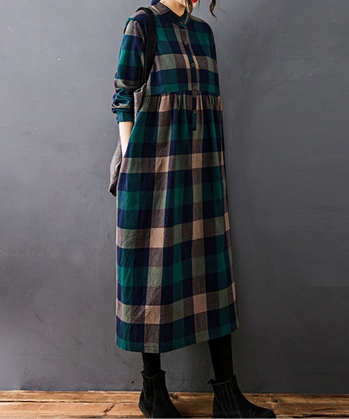 LUCPY(ラクピー)の「クラシックチェック ギャザーワンピース(ワンピース・レディース・オレンジ/レッド/グリーン・XX-LARGE/X-LARGE/LARGE/MEDIUM)」の5枚目の写真