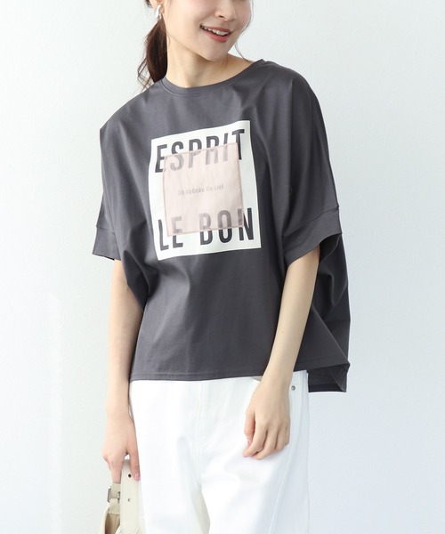 Jines(ジネス)の「オーガンジーロゴTシャツ(Tシャツ/カットソー・レディース・チャコールグレー/ホワイト・38)」の1枚目の写真