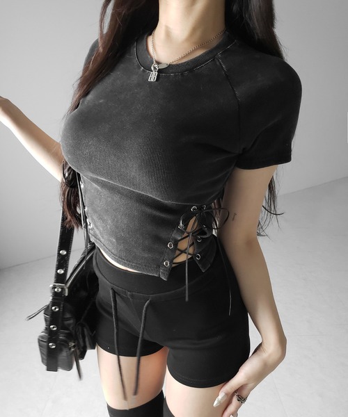 me+em select（ミームセレクト）の「【 ２color 】ヴィンテージサイドレースアップカットアウト半袖ショートTシャツ ／ vintage side lace up cutout short short sleeve T-shirts（Tシャツ/カットソー・レディース・ブラック/ライトグレー・FREE）」の12枚目の写真