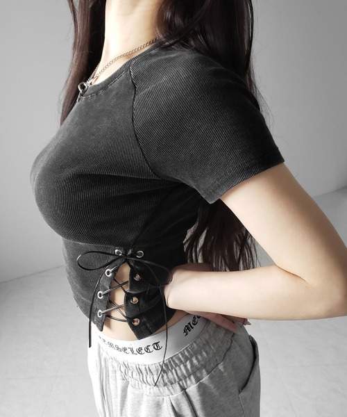 me+em select（ミームセレクト）の「【 ２color 】ヴィンテージサイドレースアップカットアウト半袖ショートTシャツ ／ vintage side lace up cutout short short sleeve T-shirts（Tシャツ/カットソー・レディース・ブラック/ライトグレー・FREE）」の19枚目の写真