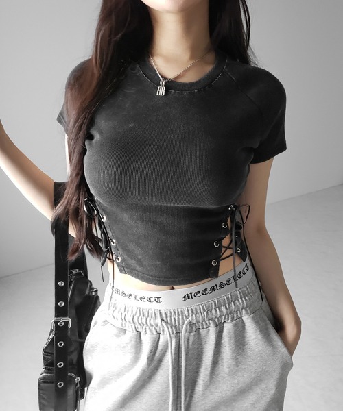 me+em select（ミームセレクト）の「【 ２color 】ヴィンテージサイドレースアップカットアウト半袖ショートTシャツ ／ vintage side lace up cutout short short sleeve T-shirts（Tシャツ/カットソー・レディース・ブラック/ライトグレー・FREE）」の20枚目の写真
