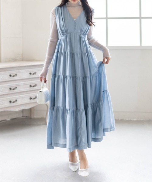 CLEAR BASIC（クリアベーシック）の「Vネックノースリーブティアードワンピース［骨格ウェーブ/軽やか/大人カジュアル］（ワンピース・レディース・ベージュ/イエロー/レッド/ブルーグレー/ブラック・F）」の14枚目の写真