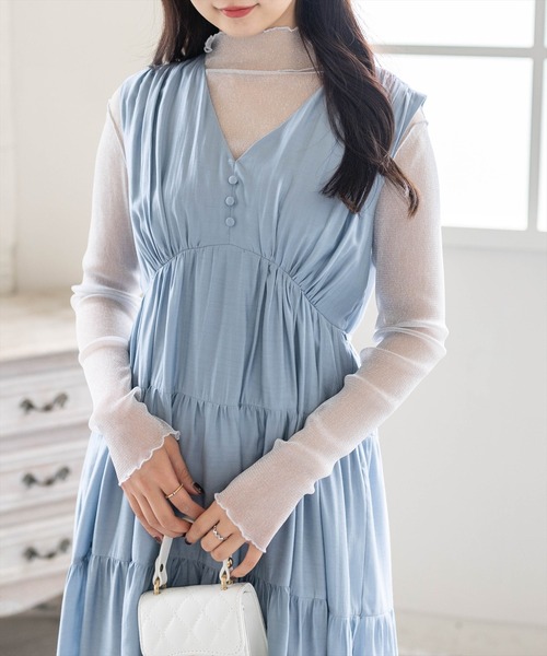 CLEAR BASIC（クリアベーシック）の「Vネックノースリーブティアードワンピース［骨格ウェーブ/軽やか/大人カジュアル］（ワンピース・レディース・ベージュ/イエロー/レッド/ブルーグレー/ブラック・F）」の15枚目の写真