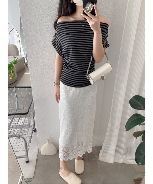 Mela(メラ)の「2WAYオフショルダー ドレープフィットトップス(Tシャツ/カットソー・レディース・ホワイト/ライトグレー/ピンク/グレー/クリーム/ネイビー/ブラック/ライトブルー・FREE)」の19枚目の写真