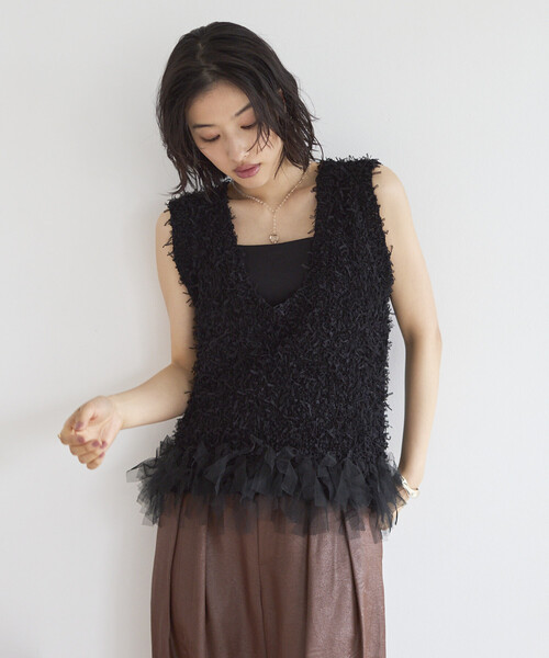 Firsthand(ファーストハンド)の「Firsthand/ファーストハンド 2WAY フリンジヘム ニットベスト(ベスト・レディース・オフホワイト/その他/ブラック・FREE)」の8枚目の写真