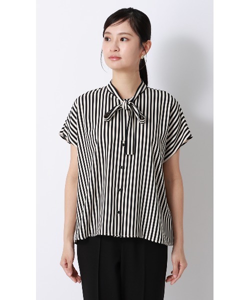 AOYAMA（アオヤマ）の「半袖ストライプボウタイブラウス（シャツ 