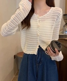 涼やかフェミニン 透かし編みクロップドカーディガン トップス サマーニット
