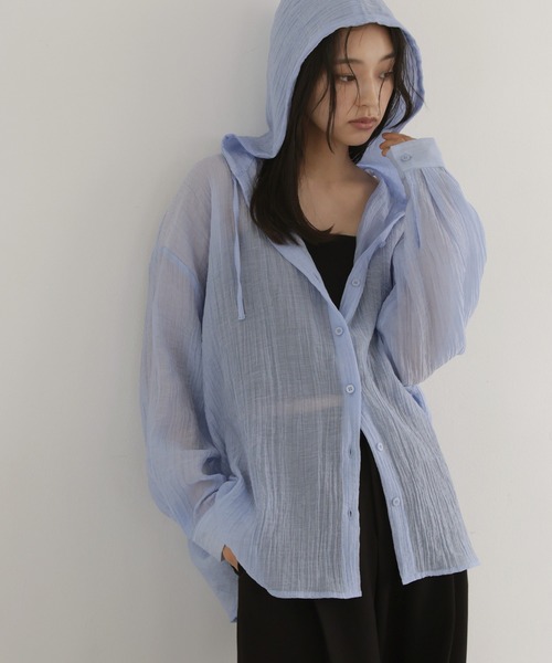 hellam(へラム)の「シアーワッシャーフーディーシャツ(シャツ/ブラウス・レディース・ブルー/ブラック/ホワイト/イエロー・FREE)」の3枚目の写真