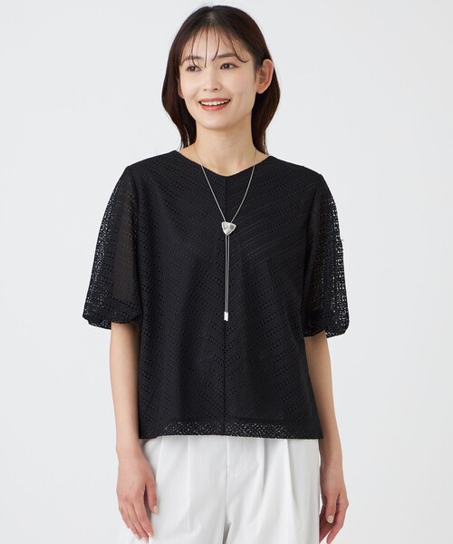 TRANS WORK(トランスワーク)の「【ウォッシャブル】コットンスムースレースコンビカットソー(Tシャツ/カットソー・レディース・ブラック/ホワイト・40/38)」の1枚目の写真