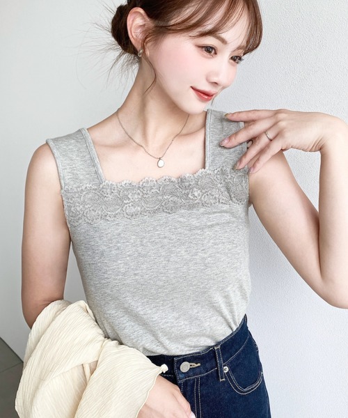 momotan　新品　16まい　レディース　ブラ付きタンクトップ moment+｜モーメントプラスのタンクトップ（グレー/灰色系・レース