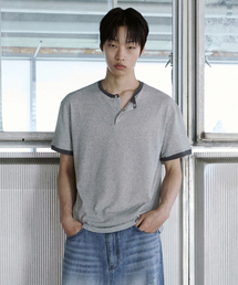 スナップヘンリーネック半袖Tシャツ - メランジグレー